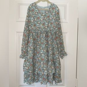 Long sleeve / knee length baby blue dress with florals